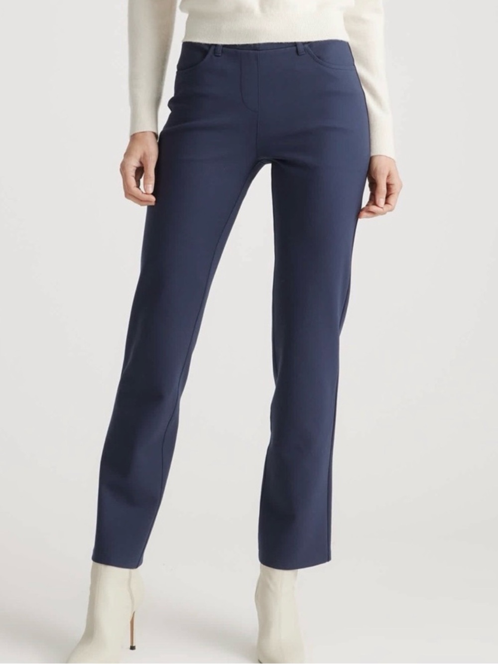 NWT Quince Ultra-Stretch Ponte Pull On Straight Leg 4-Pocket Pants Navy  L Reg.